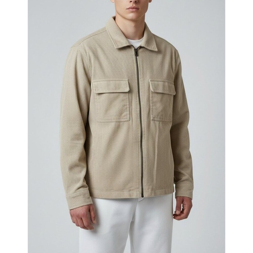 H&M Beige Corduroy Zip-Up Jacket With Pockets Size M Long Sleeves Casual Fit Lig